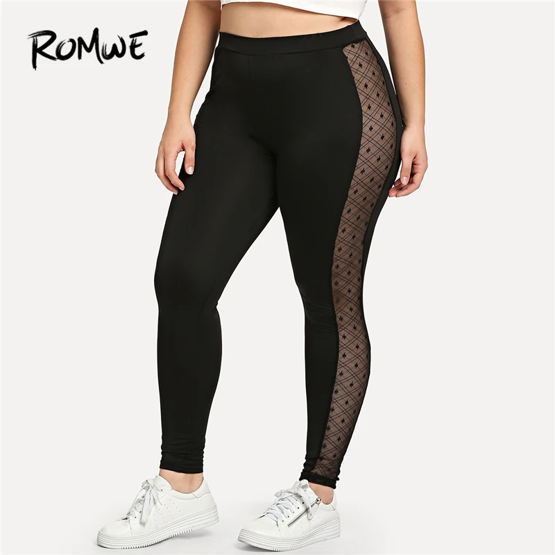 Romwe Sport Plus Size Solid Black Mesh Panel Gym Women Yoga Tights 2018