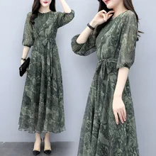 2019 New Spring Summer Chiffon Print Long Casual Dress Sexy V Neck Half Sleeves Maxi Green Boho Work Party Floral Princess Dress floral long sleeves v neckline womens maxi dress