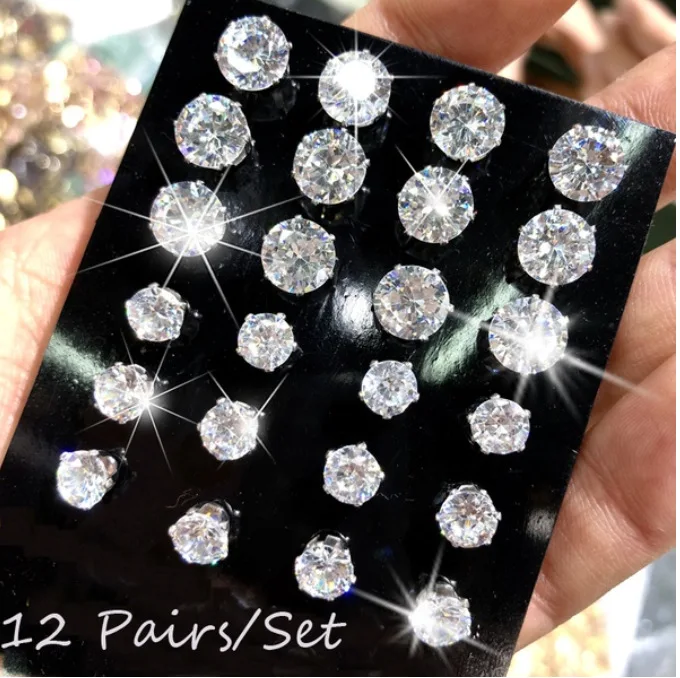 12 пар/упак. AAA блестящий кристалл алмаза мужские серьги-гвоздики стразы серьги набор женские ювелирные изделия Свадебные аксессуары серьги