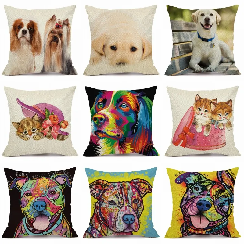 

XUNYU Hand Painted Pet Dog Cushion Cover Linen Throw Pillow Cover Car Home Decorative Pillowcase KQ010