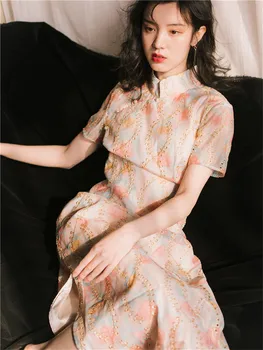 

Fashion Chinese Improved Cheongsam Dress Victoria French Women Printed Retro Dress Short Sleeve Summer Elegant Bodycon Dress