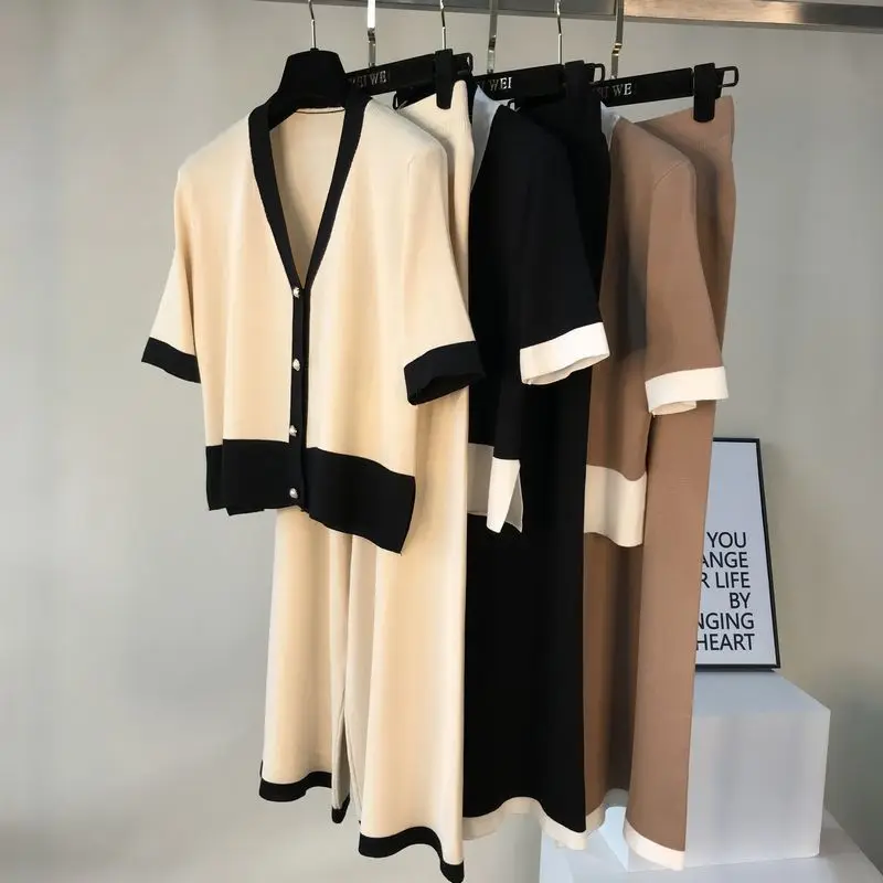 

Oshangchaopin Women Knitted Tracksuit Sets Casual V-Neck Short Sleeve Sweaters+Wide Leg Pants Summer Loose Knitwear Clothes Suit