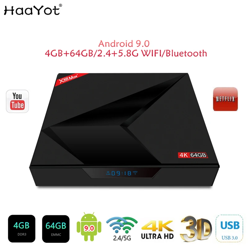 HAAYOT X88 MAX+ Смарт ТВ приставка Android 9,0 RK3328 четырехъядерный ТВ приставка DDR3 4 Гб 64 Гб 4K HD 2,4+ 5,8G Wifi приставка медиаплеер коробки