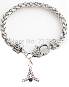 

New Arrival 50pcs a lot zinc studded with sparkling Hockey Sticks and Puck Crystal Pendant Lobster Claw Bracelet