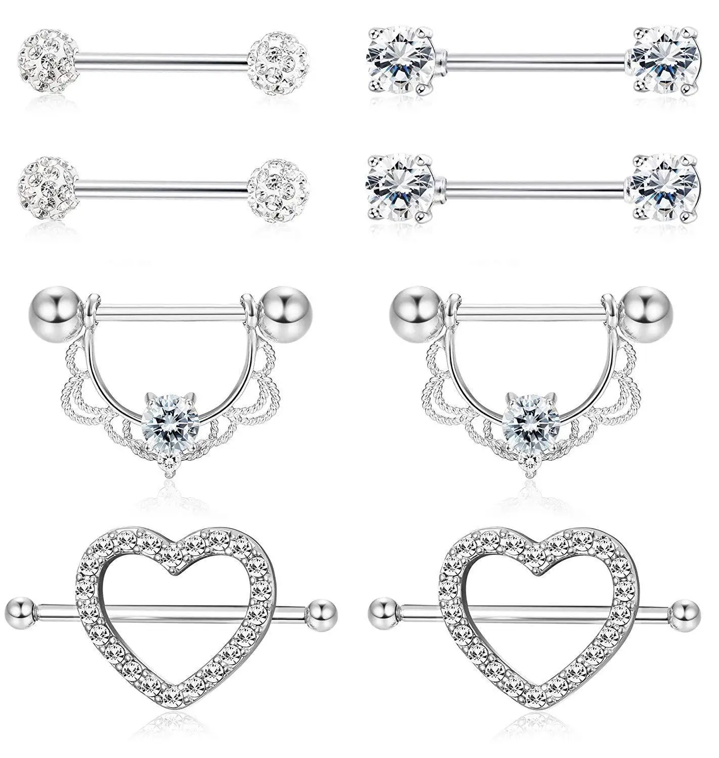 

8pcs Fashion Barbell Nipple Ring Piercing Bar Rings Jewelry Creative Punk Body Jewellery High Quality Zircon Heart Rings Women