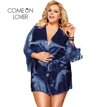 

Comeonlover Womens Robes Sleepwear Lace Satin Sexy Conjunto Robe Chemise With Waist Belt Plus Size 5XL Bride Bathrobe RE80556