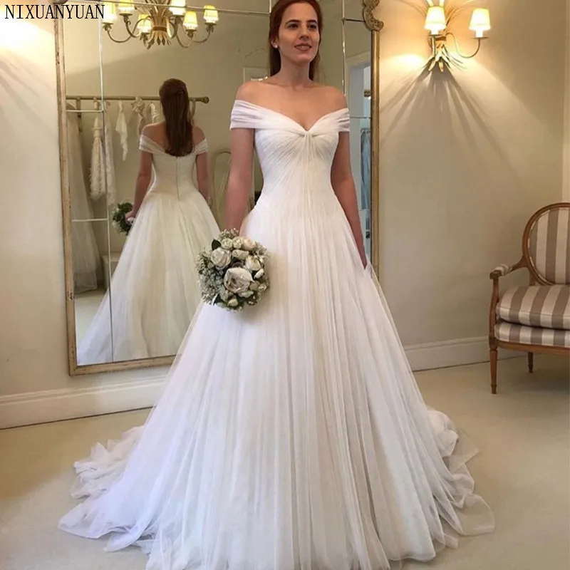 

Simple Wedding Dresses Off The Shoulder Pleats Tulle A-line Bridal Gowns Vestido De Noiva Country Garden Beach Wedding Gowns