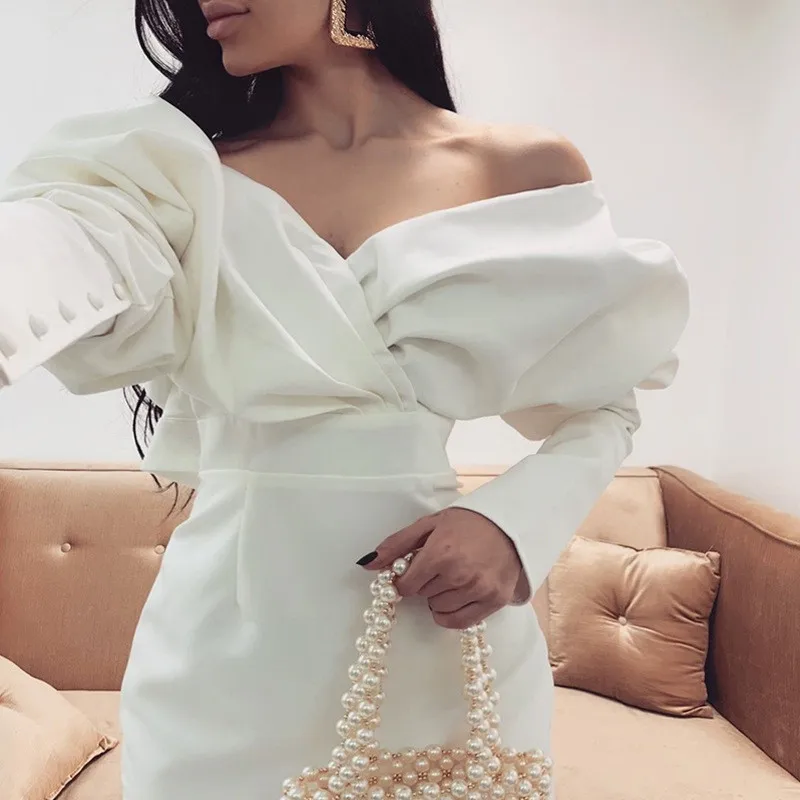

Empire Loose Sleeve Off Shoulder Dress Elegant Draped Mini Bodycon Dress Women Spring Summer sexy white Dress Vestidos