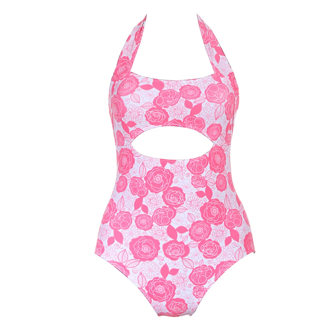 2018 New Hollow Out One Piece Swimsuit Pink Floral Print Swimwear Women