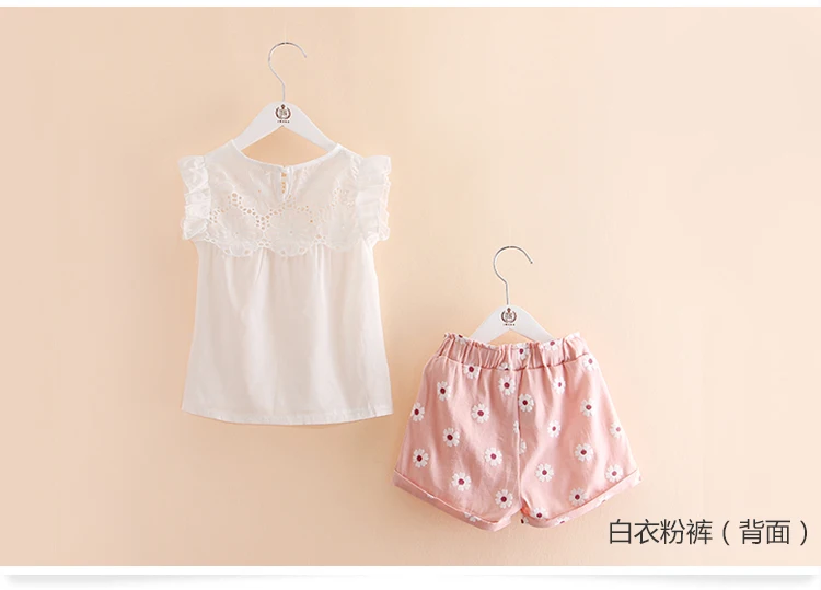 Girls Clothing Set 2018 Summer 2-10 Years Old Little Kids Girl Hollow Out Fly Sleeve T Shirt+Floral Shorts 2 Piece Suit Sets (7)