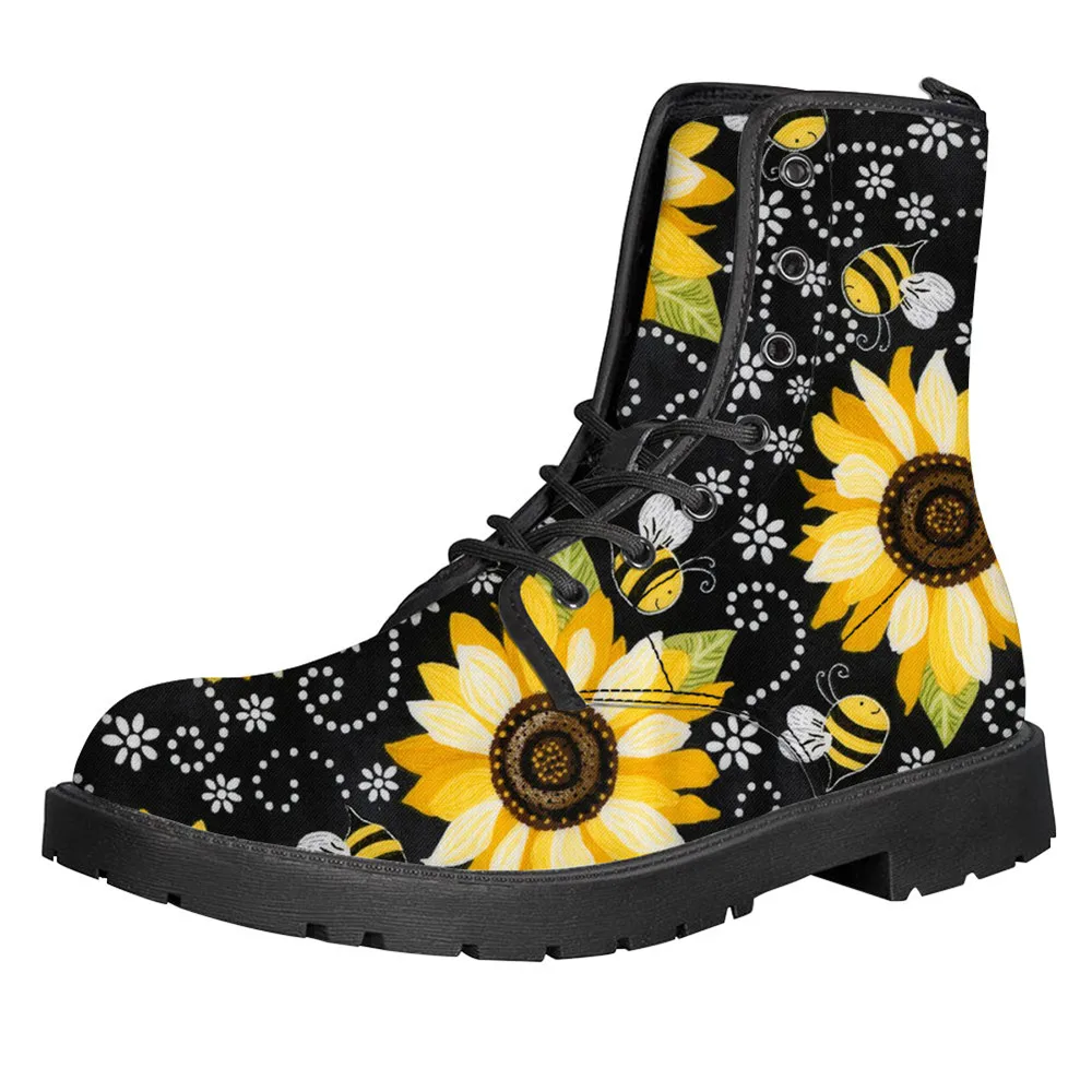 

Jackherelook New Sunfloral Print Winter Leather Woman Boots Ankle Shoes Lace Up Flower Ladies Shoes Women Fashion Bota Feminina