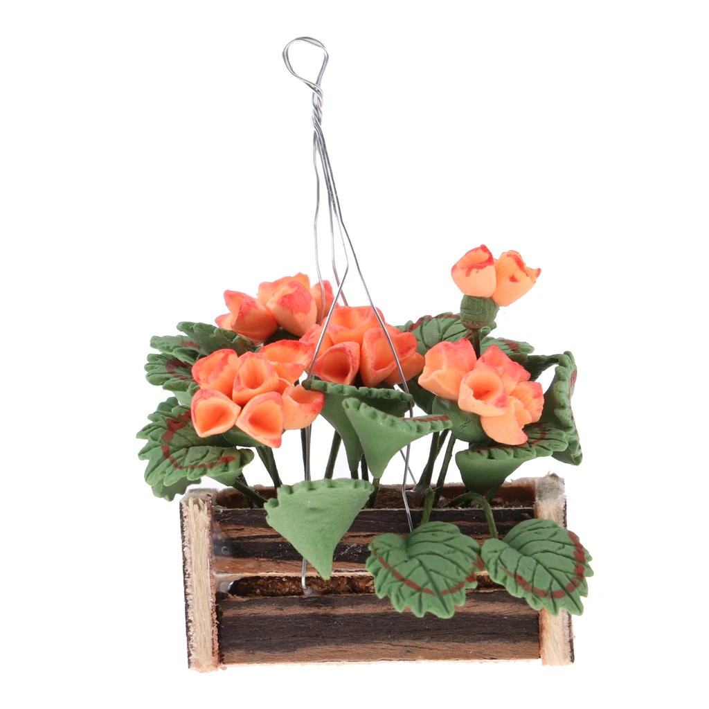 Miniature Hanging Flowers with Wooden Basket Flowerpot Basket Set for 12th Doll House Living Room Balcony Life Scenes Decoration