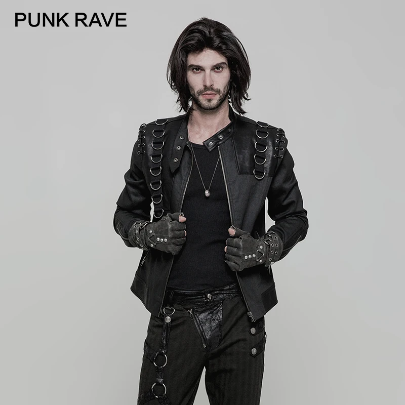 

PUNK RAVE Punk Rock Stand-up Collar Men Short Zipper Jacket PU Leather Inelastic Woven D Buckle Metal Zipper Coats Moto Biker