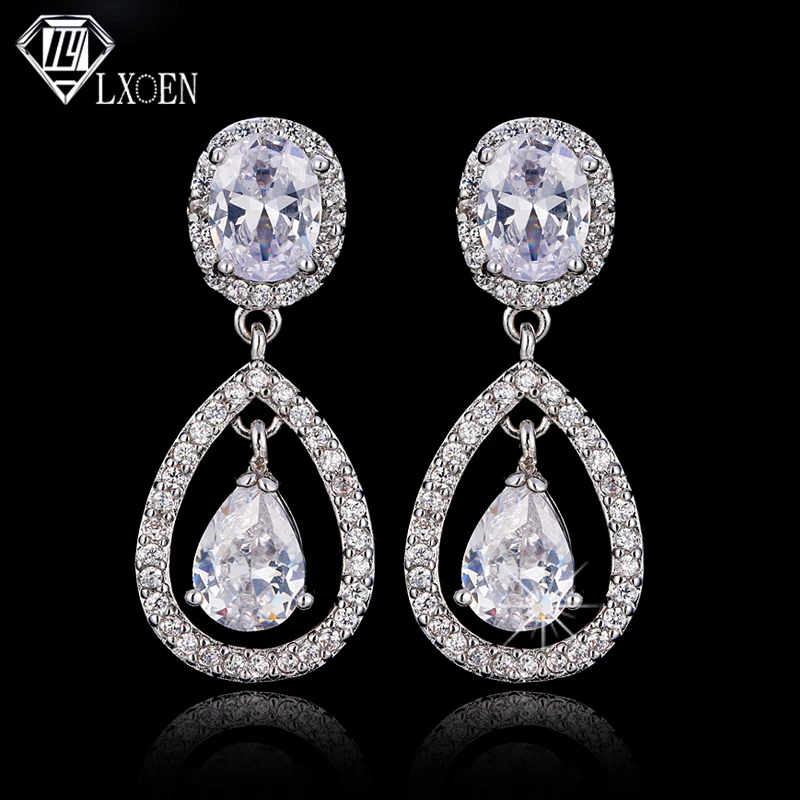 

LXOEN Fashion Hallow Pear Shape Drop Earrings For Women Water Drop Zircon Wedding Earrings with Silver Color Earings Gift Brinco