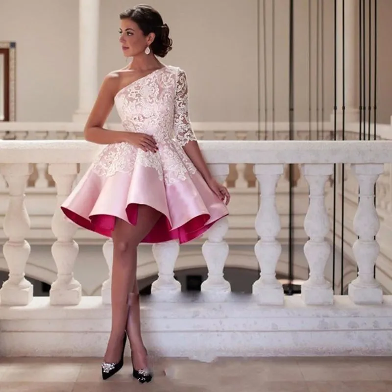 

Elegant One Shoulder Pink Homecoming Dresses 2019 Short Prom Dress With Sleeves Ball Gowns Graduation Lace Semi Formal Gown