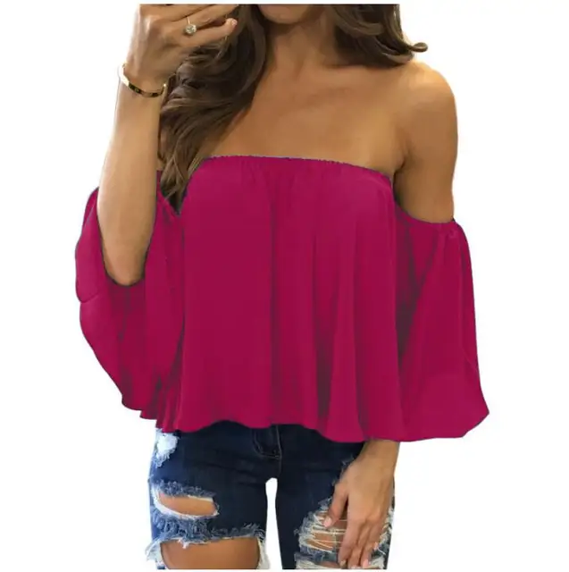 2022 Summer T-shirt Women Fashion Sexy Chiffon Off Shoulder Shirts Strapless Short Sleeve Beach Tops Tee Feminine Plus Size 5XL rose red