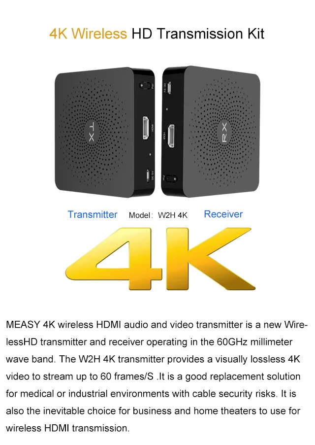 Measy W2H-4K 4K HD Wireless Video Audio Transmission TV AV Sender Transmitter Receiver Extender HIMI 30M 60GHz NEW