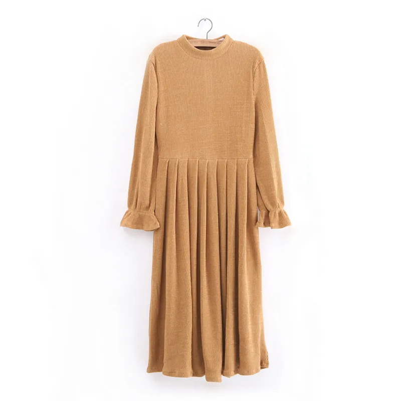 

Spring Autumn Dress Long Sleeve Women Elegant Casual Pleated Dress Midi Length femmes robes longues