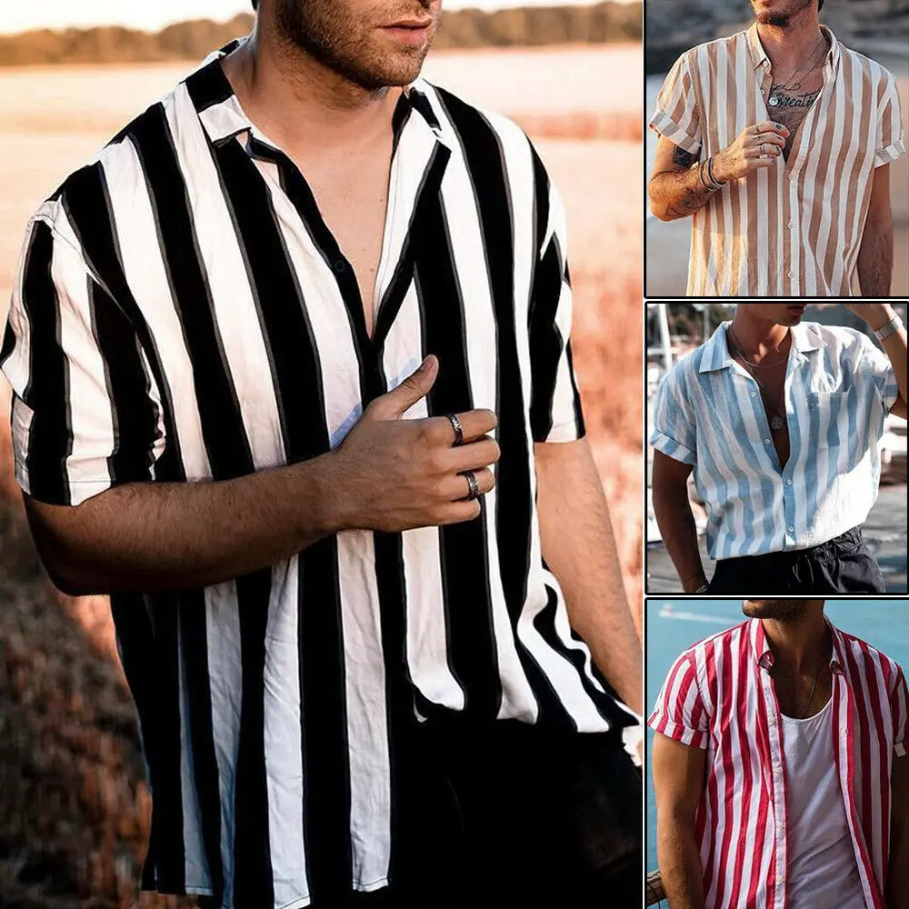 2019 Men Fashion Short Sleeve Regular Fit Button Down Shirt Casual Vertical Striped Shirt Stylish Formal Casual Shirt Top