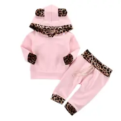 Леопарда Одежда для маленьких девочек новорожденный с капюшоном Детский спортивный костюм из 2 предметов: футболка + брюки комплект одежды