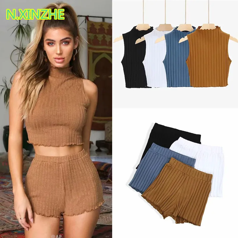 

2019 women clothing sets sleeveless short Top + elastic waist shorts 2pieces Female casual fashion slim solid knitted suits T313