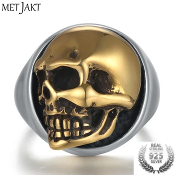 

MetJakt Punk Men's Skull Ring Can Move Gold Color Skull Rings Solid 925 Sterling Silver Ring for Cool Biker Men Jewelry