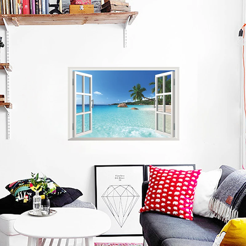 Coconut Tree Ocean Beach 3D Fake Window Wall Stickers Living Room Decoration Home DIY Sea Landscape Mural Wall Art PVC Poster