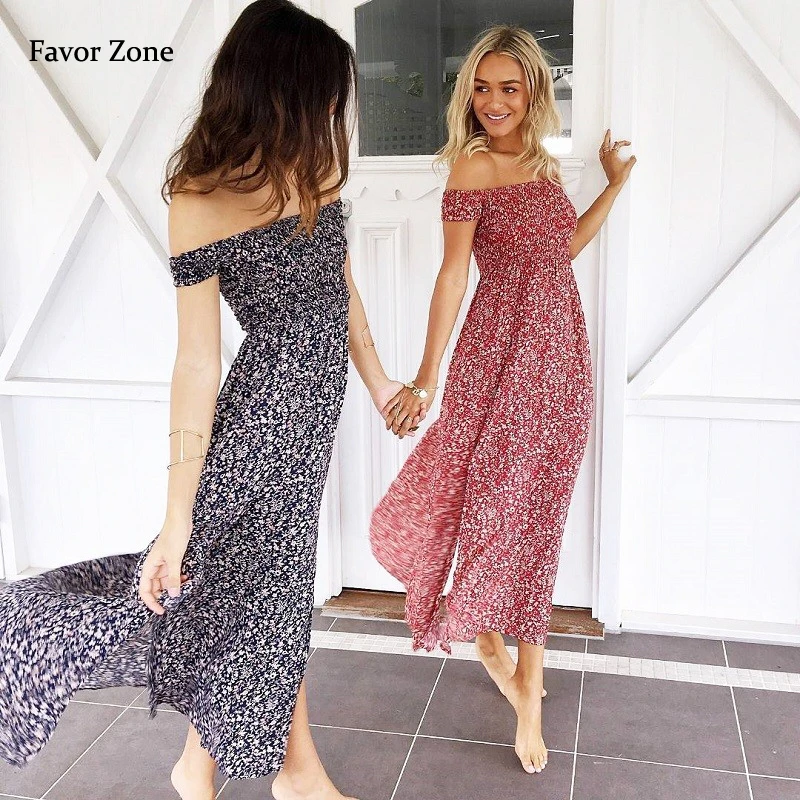 

Sexy Strapless Slash Neck Floral Print Maxi Long Dress Summer Vintage Bohemian Boho Beach Women Dress Backless Split Party Dress