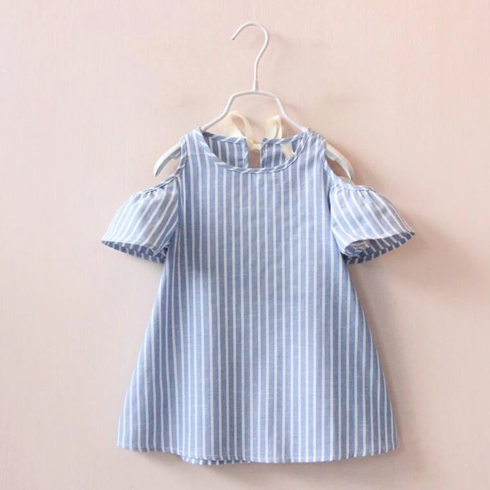 

1-6Y Kid Baby Girls White + Blue Striped Off Shoulder Tutu Princess Party Dress
