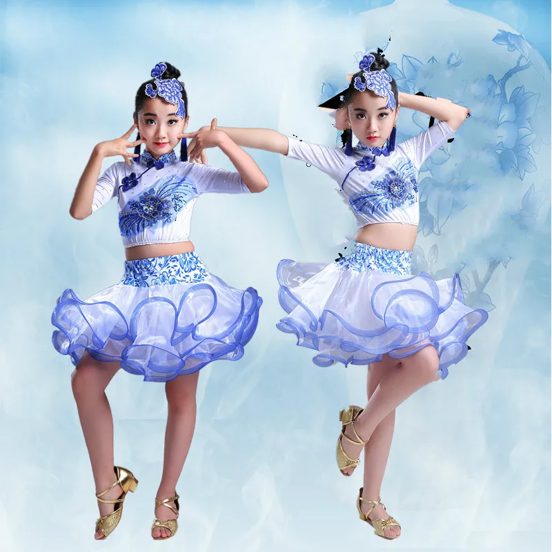 

Children's Latin dance costumes children's girls show competition costumes new Puff skirt blue and white porcelain skirt