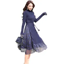 Knitted Chiffon Fake Two Spring Dress Women Vestidos Plus size 2018 New Speaker Sleeve Fashion Long Ladies Dresses Casual Dress