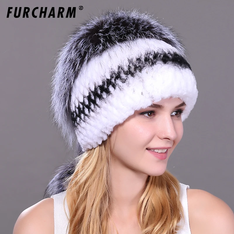 

Winter fur hat for women real rex rabbit fur hat with fox fur pom poms fur knitted beanies 2018 new fashion good quality caps