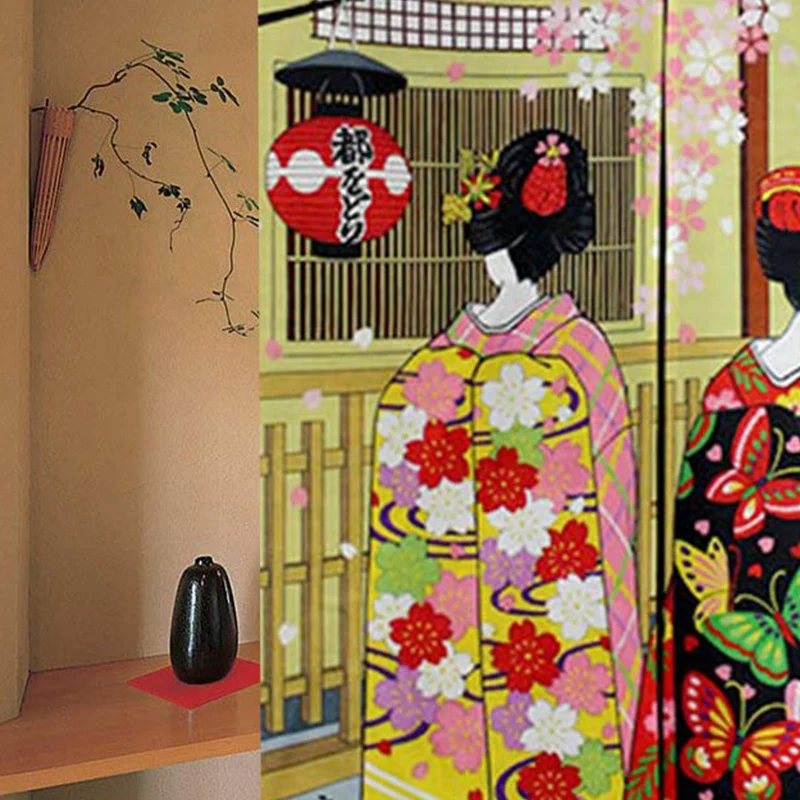 Japanese Style Long Doorway Curtain Kyoto Geisha Girls And Cherry Blossom Window Treatment Tapestry For Home Decoration 33.5 X