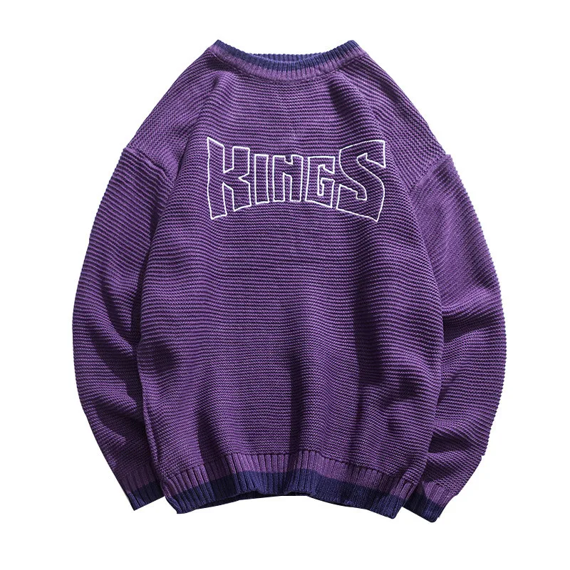 Осень зима вязаный вышивка Kings Crewneck хип хоп свитер для мужчин Urban обувь мальчиков уличная вязаный пуловер Джемпер фиолетовый оливковый