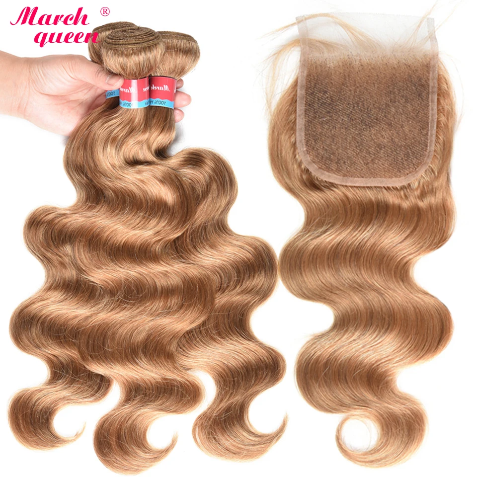 March Queen Honey Blonde Indian Human Hair Bundles With Closure #27 Body Wave 3 Bundles With Lace Closure Raw Indian Hair Weft March Queen Honey Blonde Indian Human Hair Bundles With Closure #27 Body Wave 3 Bundles With Lace Closure Raw Indian Hair Weft