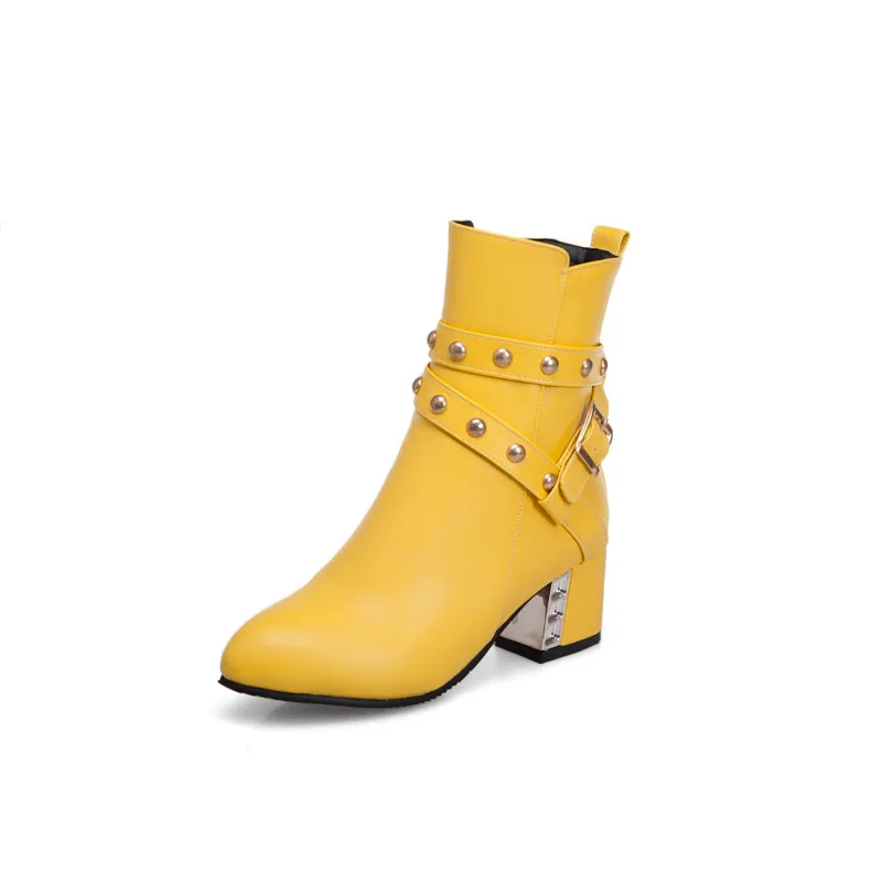 YMECHIC/модные ботинки на высоком каблуке с пряжкой и заклепками; женская обувь; цвет желтый, белый, черный; Зимние ботильоны; обувь года - Цвет: Цвет: желтый