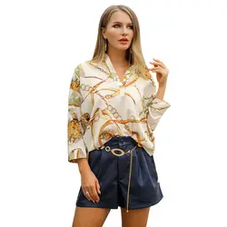 Кнопка Для женщин летние футболки Повседневное v-образным вырезом Шифоновая блузка Для женщин топ Camisa Feminina с длинным рукавом дамы печати