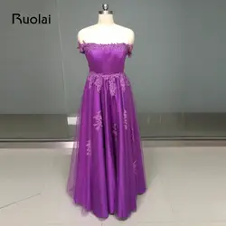 Настоящая фотография Высокое качество Сексуальная с плеча A-Line Аппликация фиолетовые Выпускные платья 2019 длинное вечернее платье вечерние