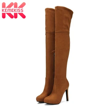 

KemeKiss 2020 Women Over The Knee High Boots Thin High Heel Platform Flock Winter Shoes Women Motorcycle Boots Big Size 34-43