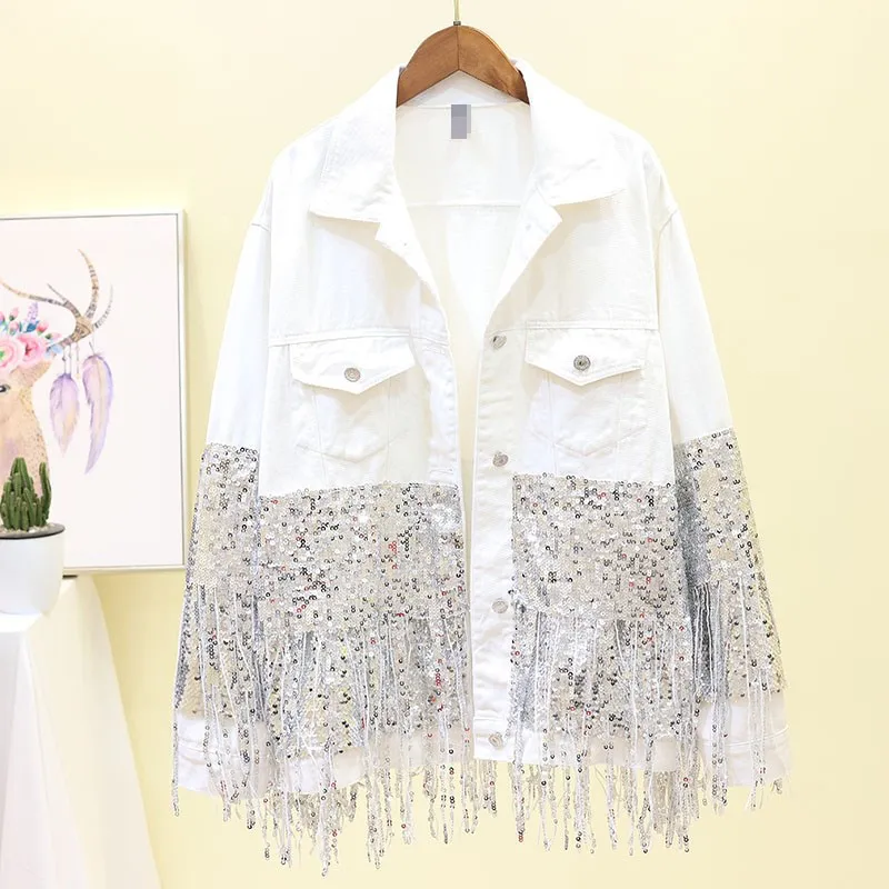 Women Autumn Sequin Tassel Denim Jacket Fashion Lapel Loose Oversized Coat Black White Jeans Jacket Basic Outerwear