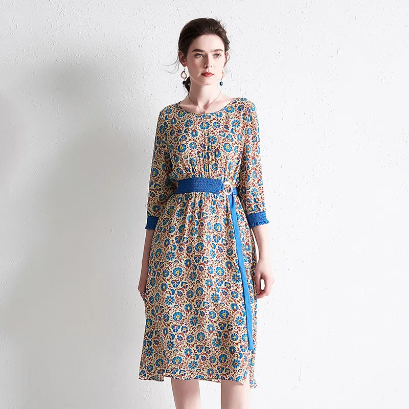 

Silk Dress Women 2019 Spring Summer New Round Neck Fresh Floral Printed Elastic Waist Hit Color Belt Slim A-Line Casual Dress
