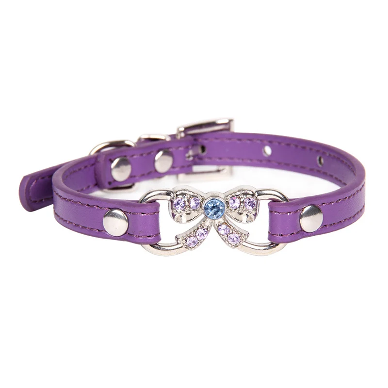 Pawstrip, 7 цветов, милый ошейник с бантом для кошек, блестящий, ширина 0,4 дюймов, ошейник для маленьких собак, чихуахуа, Йоркского цвета, мягкий кожаный ошейник для щенков - Цвет: Purple