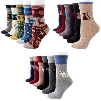 

4 Pairs Women Girls Winter Thicken Woolen Long Crew Tube Socks Cute Cartoon Christmas Reindeer Cat Striped Printed Warm Floor