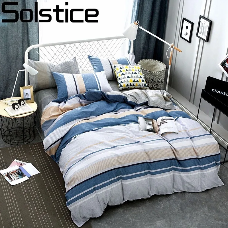 

Solstice Home Textile Modern Fashion Simple Stripe Cotton Fabric 4pcs Bedding Set Bed Sheet Linens Duvet Cover Sets 20