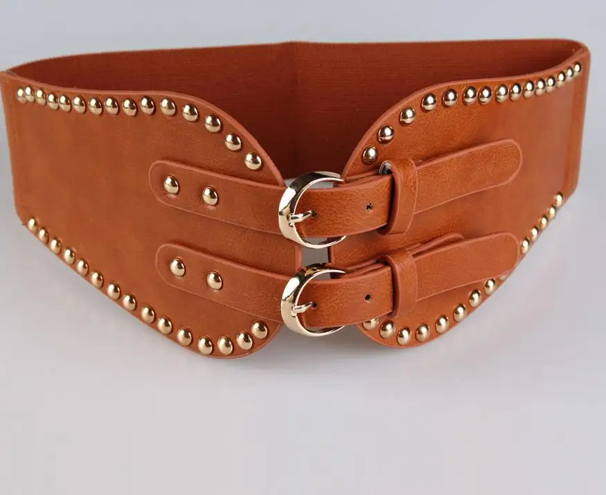 Camel Cinto Feminino Gg пояс широкий пояс с заклепками с двуглавой пряжкой модный декоративный эластичный пояс стрейч для диких женщин - Цвет: Camel