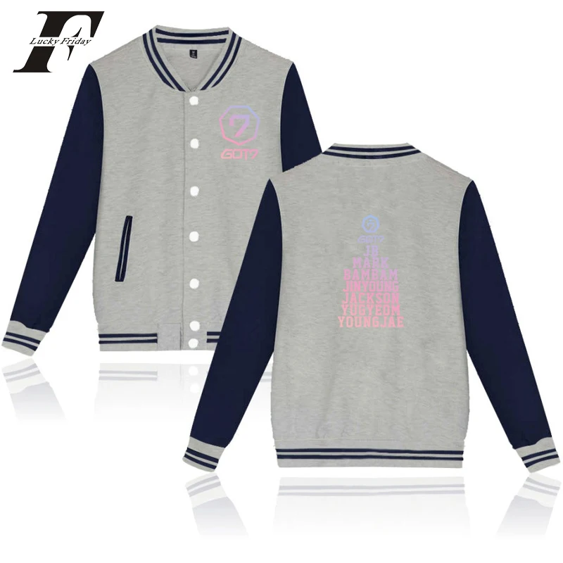 LUCKYFRIDAYF 2018 GOT7 куртки мода осень теплая монолитным форма Бейсбол куртка K-поп корейский хип-хоп карман Основные куртки