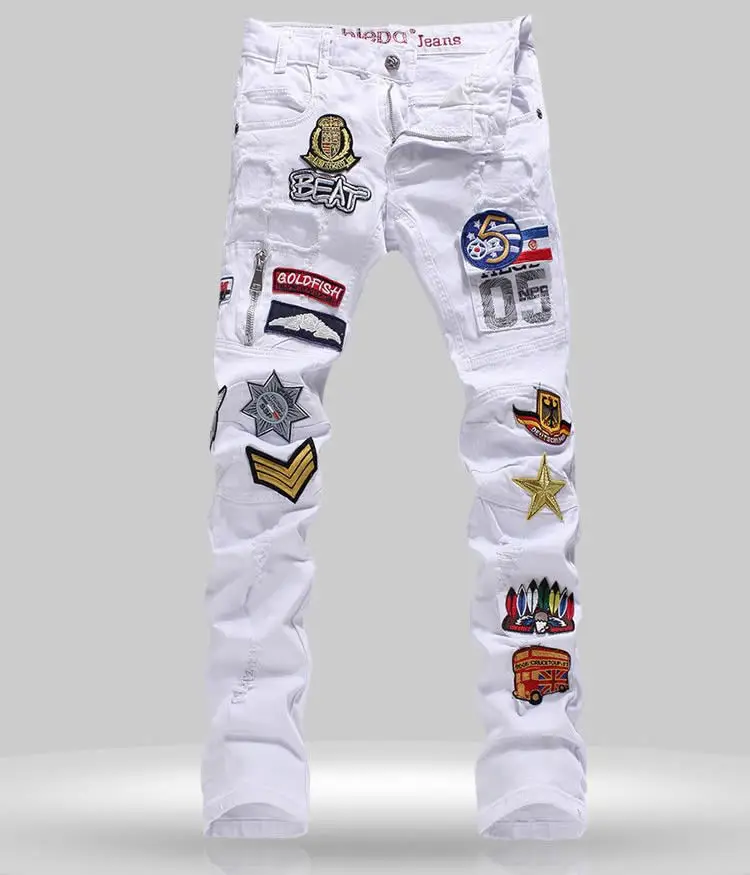 

Fashion White Embroidery Cutout Jeans New Slim Denim Trsouers