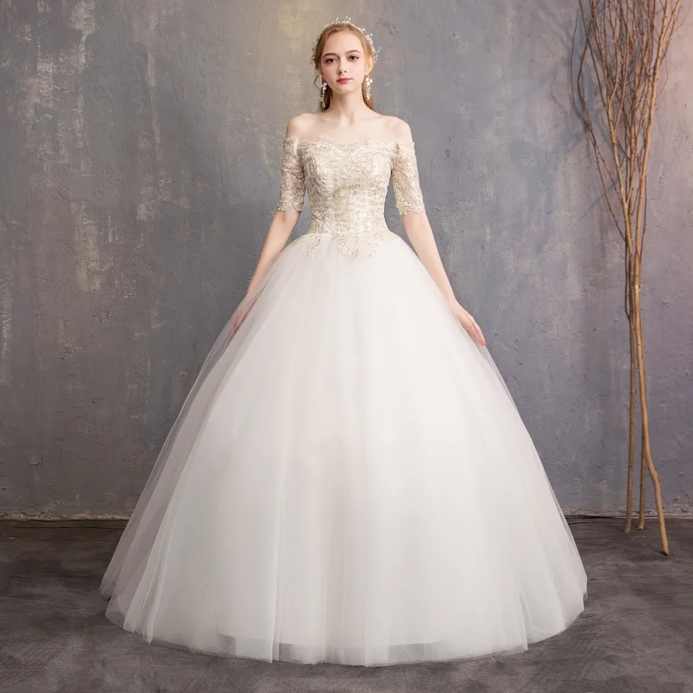 

Elegent Wedding Dress 2019 Gold Appliques Tulle Bridal Gown Wedding Party Dress Robe De Mariee Vestido De Noiva