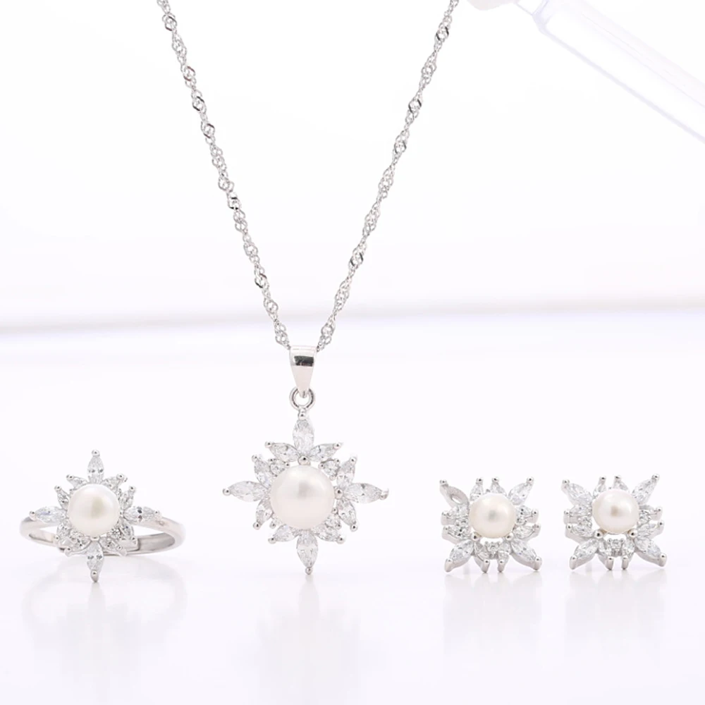 

Simple Design Zircon Snowflake Freshwater Pearl Jewelry Set Woman Sterling Silver Pearl Jewelry Making Accessory