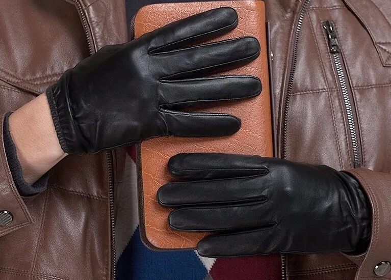 Кожаные перчатки для мужчин, зимние модные перчатки для мужчин из овчины, теплые бархатные перчатки для вождения, мужские варежки
